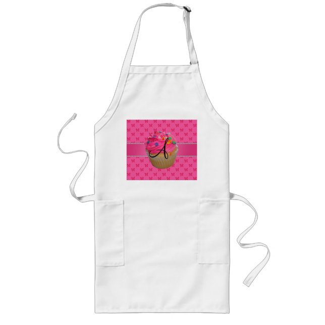 Monogram pink cupcake pink butterflies long apron (Front)