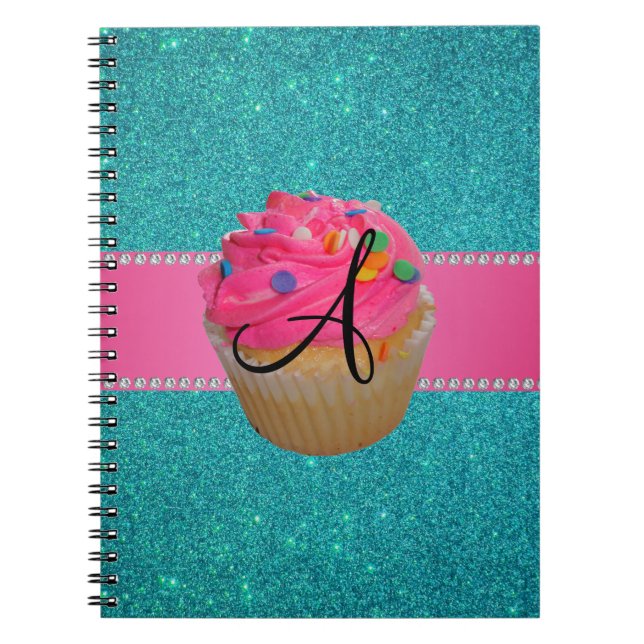 Monogram pink cupcake turquoise glitter notebook (Front)