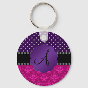Monogram pink damask purple diamonds key ring