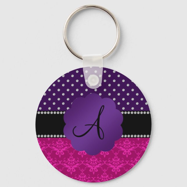 Monogram pink damask purple diamonds key ring (Front)