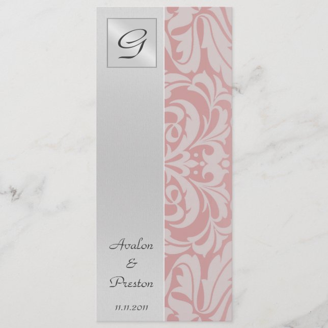 Monogram Pink  Damask Wedding Program Invitation (Front)