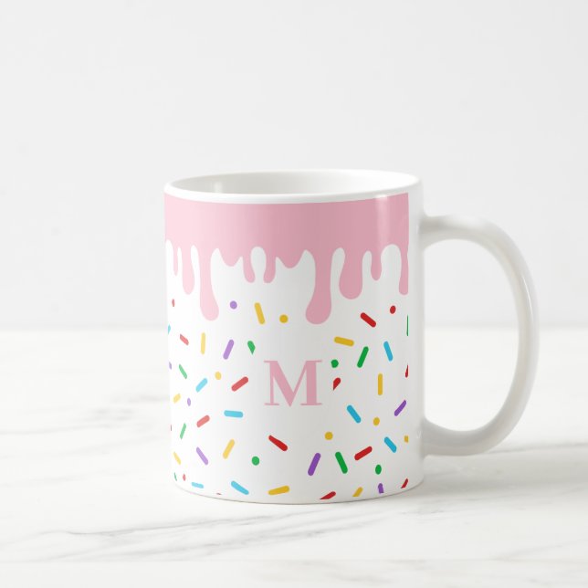Monogram Pink Drip and Sprinkles Ice Cream  Coffee Mug (Right)
