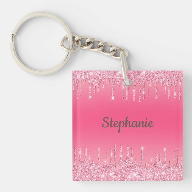 Monogram Pink Dripping Glitter Glam Trendy Key Ring (Front)