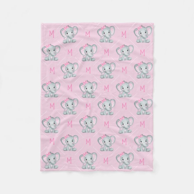 Monogram Pink Elephant Star Baby Girl Fleece Blanket (Front)
