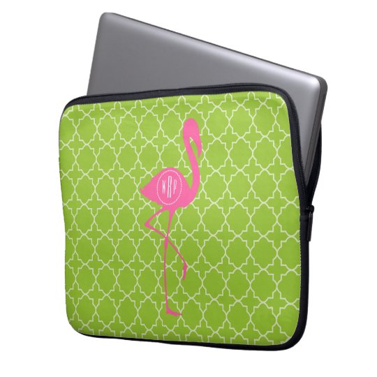 Monogram Pink Flamingo Lime Green Quatrefoil Laptop Sleeve