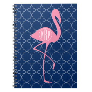 Monogram Pink Flamingo Navy Quatrefoil Notebook