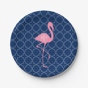 Monogram Pink Flamingo Navy Quatrefoil Paper Plate