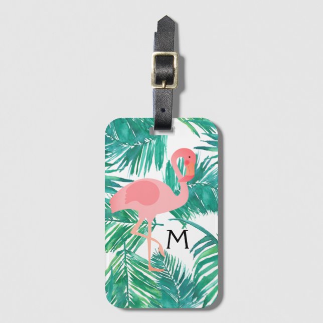 monogram pink flamingo on tropical leaves luggage tag (Front Vertical)