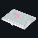 Monogram Pink Flamingo   Quatrefoil Business Card Holder<br><div class="desc">A gift featuring an illustration of a pink flamingo over a mint quatrefoil background.  Personalise with your monogram inside circle on flamingo's body.</div>