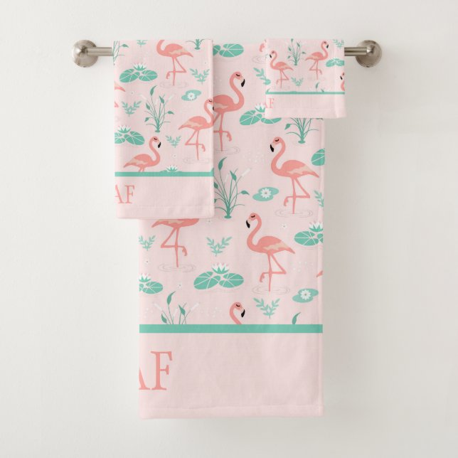 Monogram Pink Flamingos Green Palm Leaves Tropical Bath Towel Set (Insitu)
