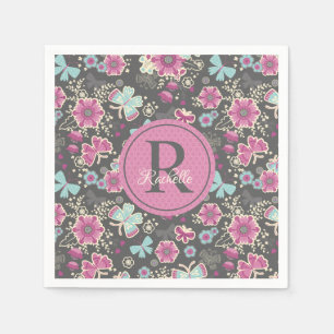 Monogram Pink Floral Birthday Pattern Napkin