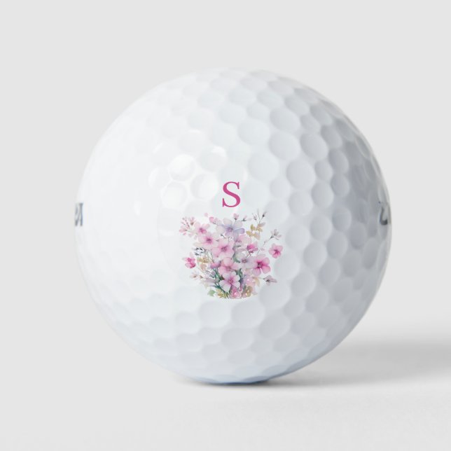 Monogram Pink Floral Botanical  Golf Balls (Front)