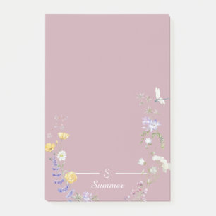 Monogram Pink Floral Butterfly Botanical Cottage Post-it Notes