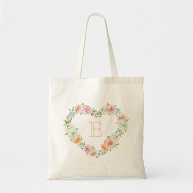 Monogram | Pink Floral Heart Wreath Wedding Tote Bag (Front)