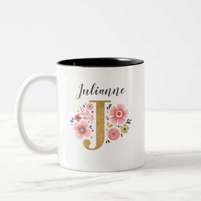 Monogram Pink Floral Initial Letter J Two-Tone Coffee Mug (Left)