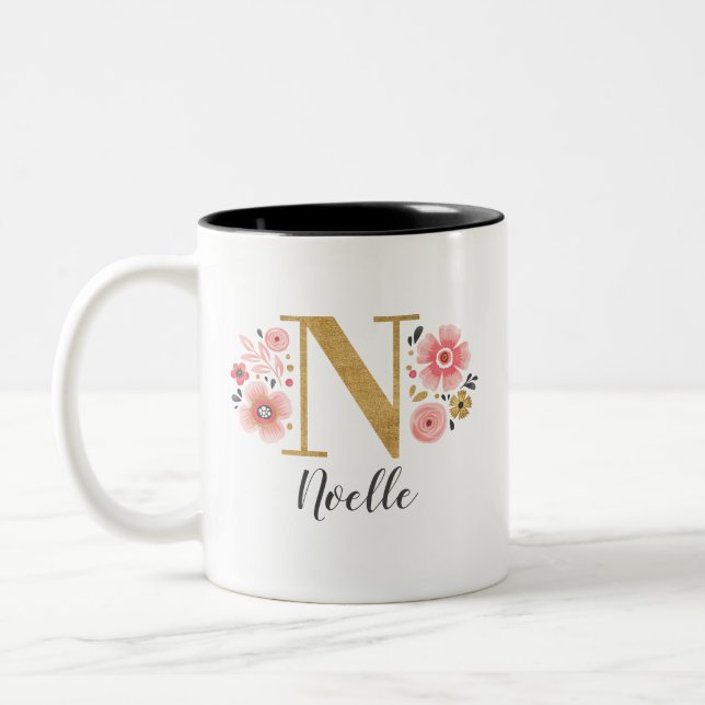 Monogram Pink Floral Initial Letter N Two-Tone Coffee Mug (Left)