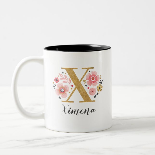 Monogram Pink Floral Initial Letter X Two-Tone Coffee Mug (Left)