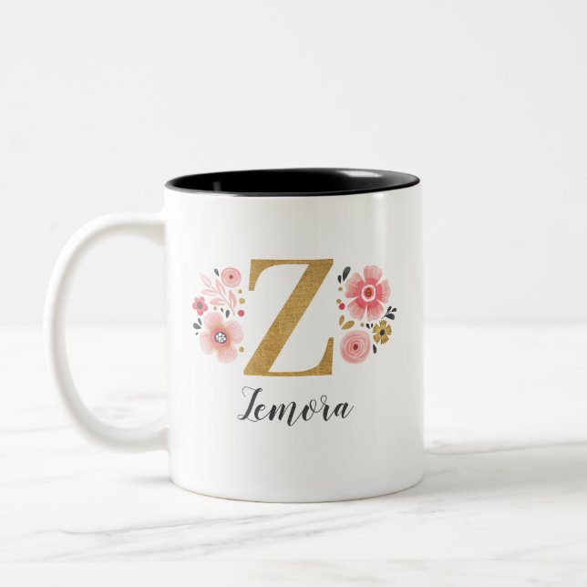Monogram Pink Floral Initial Letter Z Two-Tone Coffee Mug (Left)