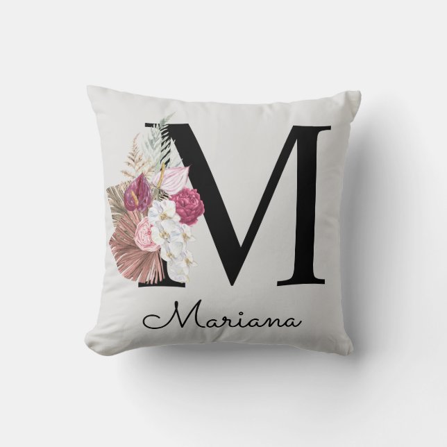Monogram Pink Floral Initial M Cushion (Front)