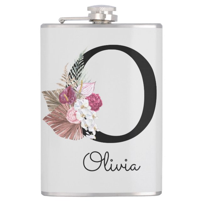 Monogram Pink Floral Initial O Hip Flask (Front)