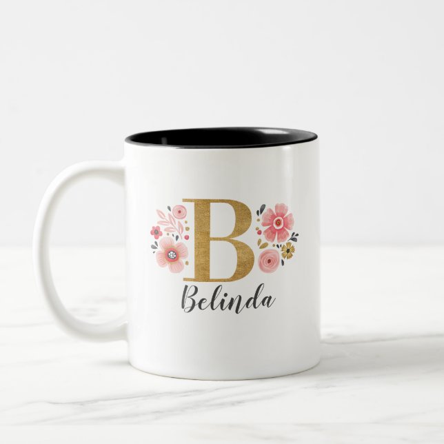 Monogram Pink Floral Letter B Two-Tone Coffee Mug (Left)