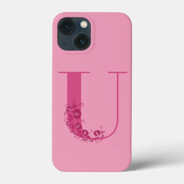 Monogram Pink Floral Letter U iPhone Case (Back)
