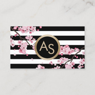Monogram Pink Floral Modern Stripes Beauty Salon Business Card
