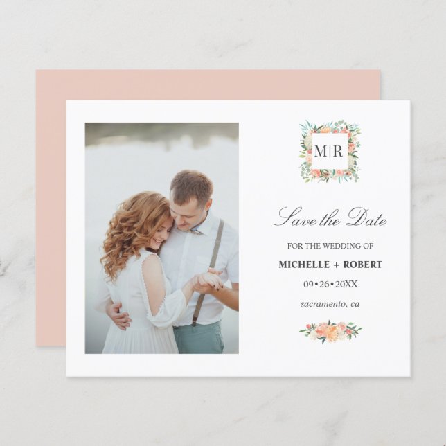 Monogram Pink Floral Photo Wedding SAVE THE DATE (Front/Back)