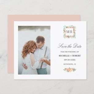 Monogram Pink Floral Photo Wedding SAVE THE DATE