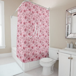 Monogram Pink Floral Toile Chinoiserie Vintage Shower Curtain