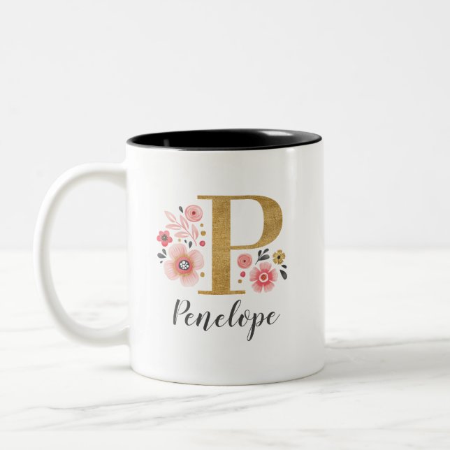 Monogram Pink Floral Two-Tone Coffee Mug (Left)
