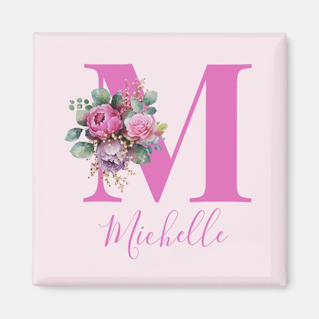 Monogram Pink Floral Watercolor Initial Name Magnet (Front)