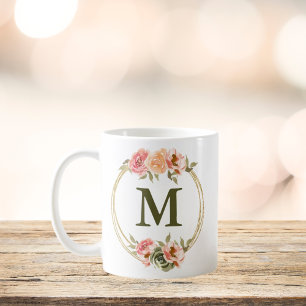 Monogram Pink Floral Watercolor Mug