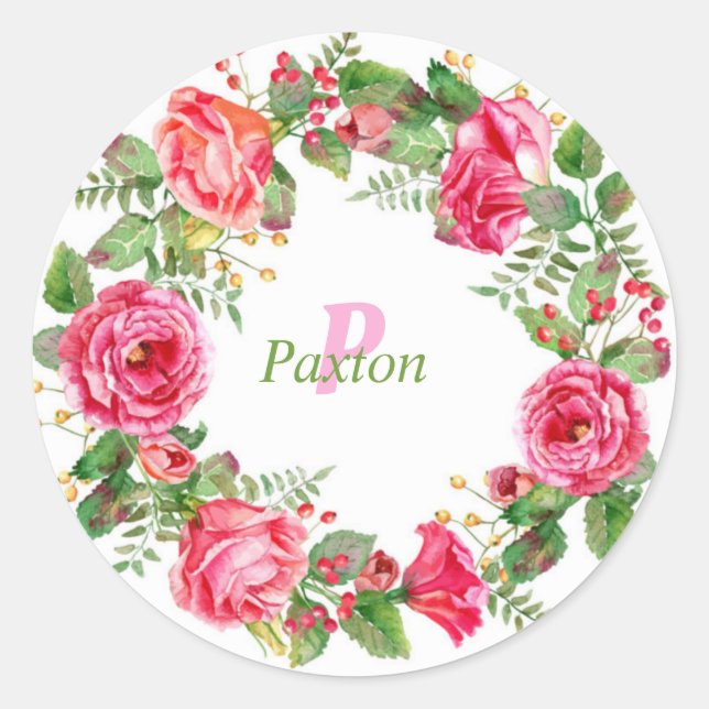 Monogram Pink Floral Wedding  Classic Round Sticker (Front)