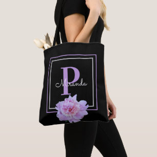 Monogram Pink Flower Black Modern Tote Bag