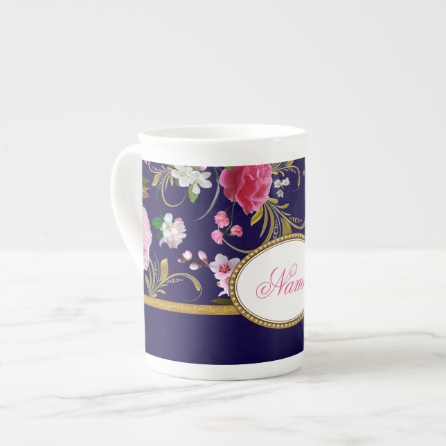 Monogram Pink Flowers Bone China Mug (Front Left)