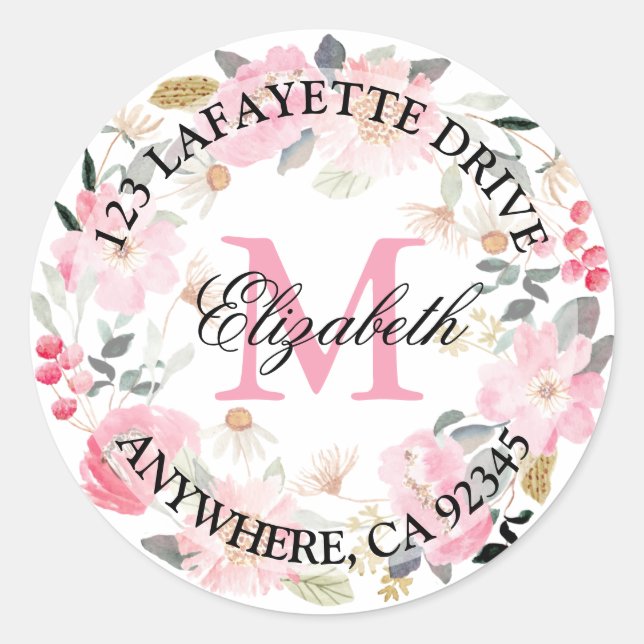 Monogram Pink Flowers Return Address Classic Round Sticker (Front)