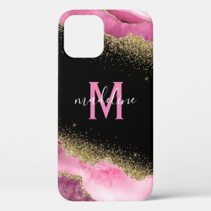 Monogram Pink Geode Agate Gold Glitter iPhone 12 Case
