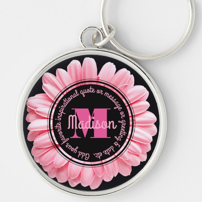 Monogram Pink Gerbera Add Your Own Message Flower Key Ring (Front)