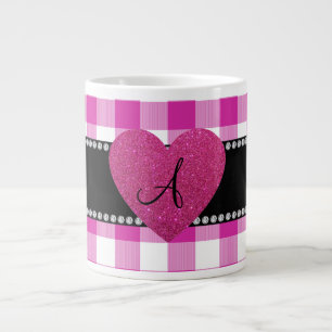 MONOGRAM Pink gingham pattern heart Large Coffee Mug