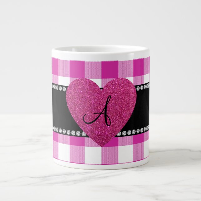 MONOGRAM Pink gingham pattern heart Large Coffee Mug (Front)