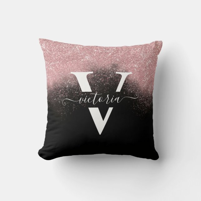 Monogram Pink Glitter Black Trendy Girly Custom Cushion (Front)