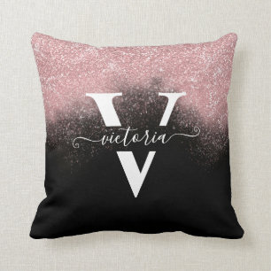 Monogram Pink Glitter Black Trendy Girly Custom Cushion