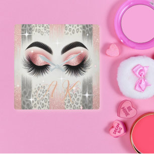 Monogram Pink Glitter Eyelashes Leopard Square Wall Clock