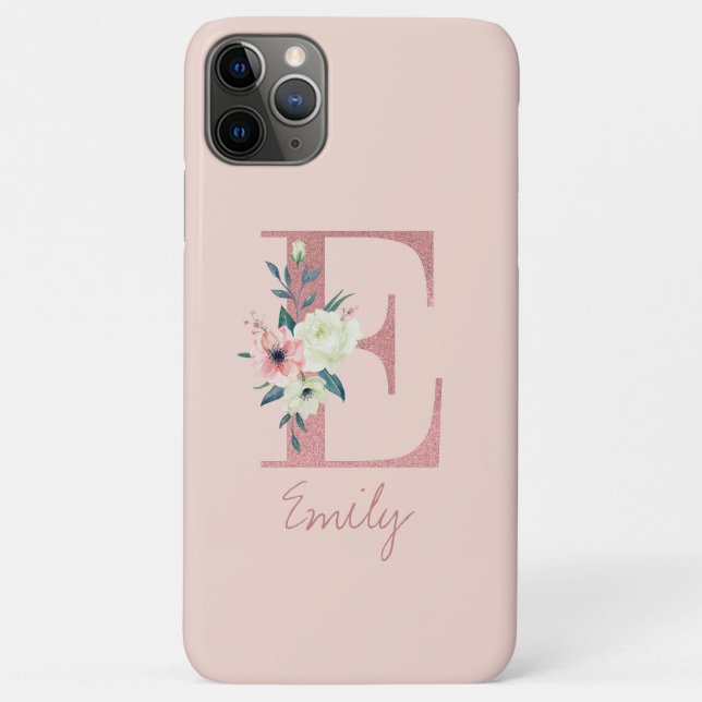 Monogram Pink Glitter Flower Letter E Light Pink Case-Mate iPhone Case (Back)