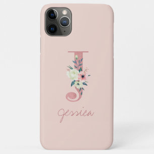Monogram Pink Glitter Flower Letter J Light Pink iPhone 11 Pro Max Case