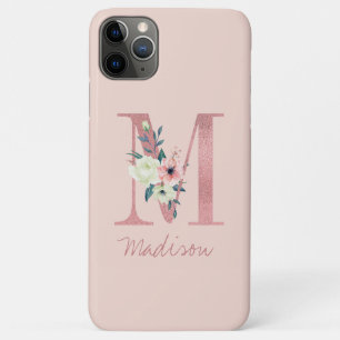 Monogram Pink Glitter Flower Letter M Light Pink iPhone 11 Pro Max Case