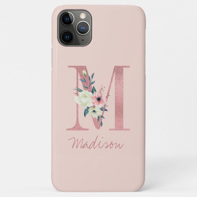 Monogram Pink Glitter Flower Letter M Light Pink Case-Mate iPhone Case (Back)