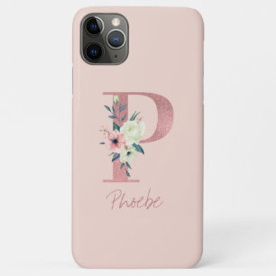 Monogram Pink Glitter Flower Letter P Light Pink iPhone 11 Pro Max Case
