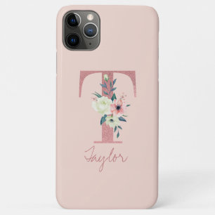 Monogram Pink Glitter Flower Letter T Light Pink iPhone 11 Pro Max Case